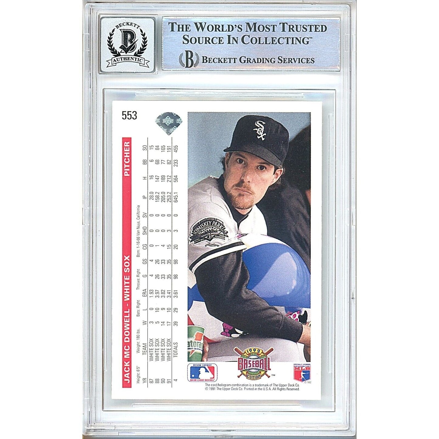 1992 Upper Deck #553 — Jack McDowell Chicago White Sox Autographed Trading Card — Beckett Authentication