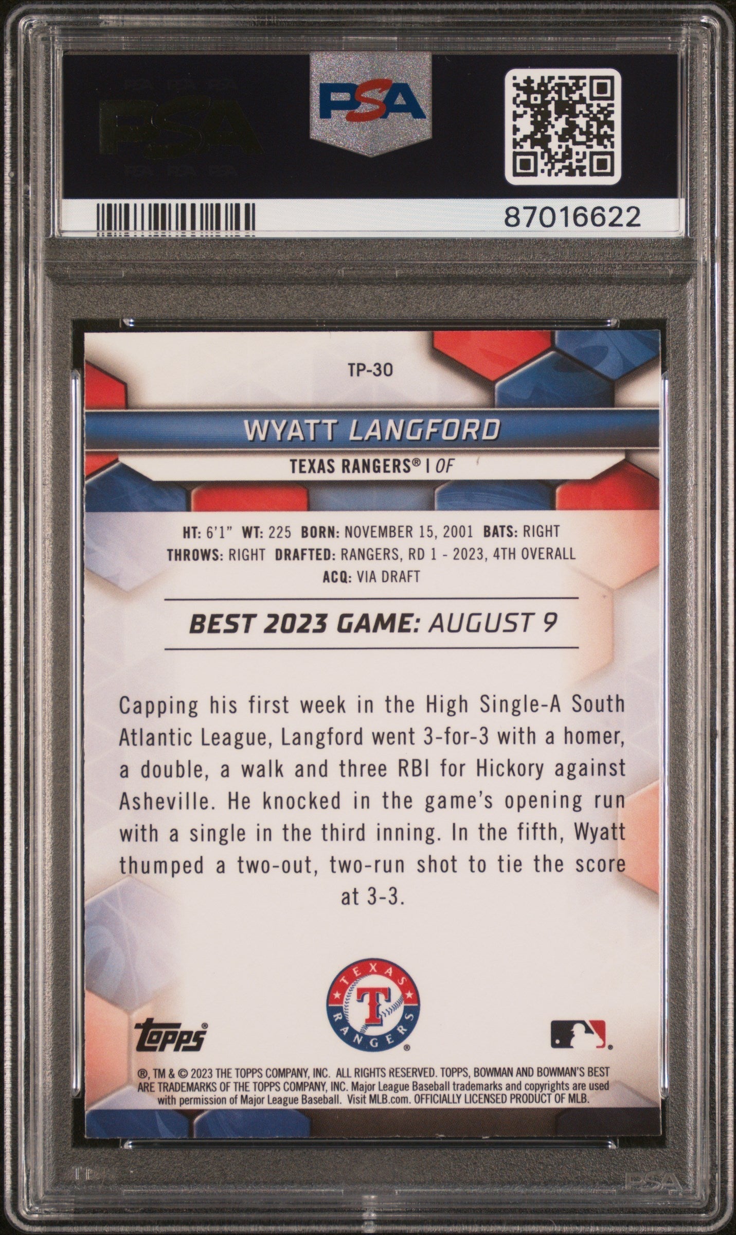Graded 2023 Topps Bowmans Best Wyatt Langford #TP30 Top Prospects Wave Rookie RC Baseball Card PSA 10 Gem Mint