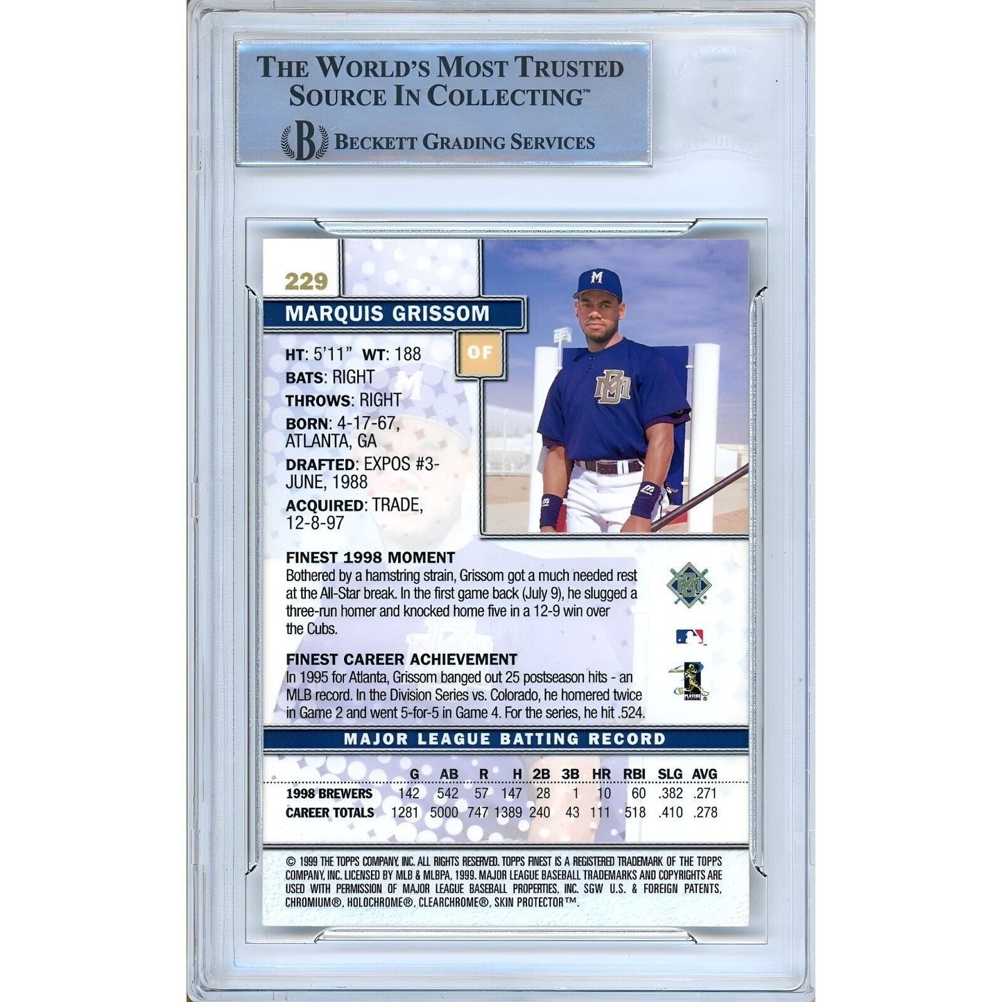 Marquis Grissom Milwaukee Brewers Signed 1999 Topps Finest Card Beckett Auth Auto Slab