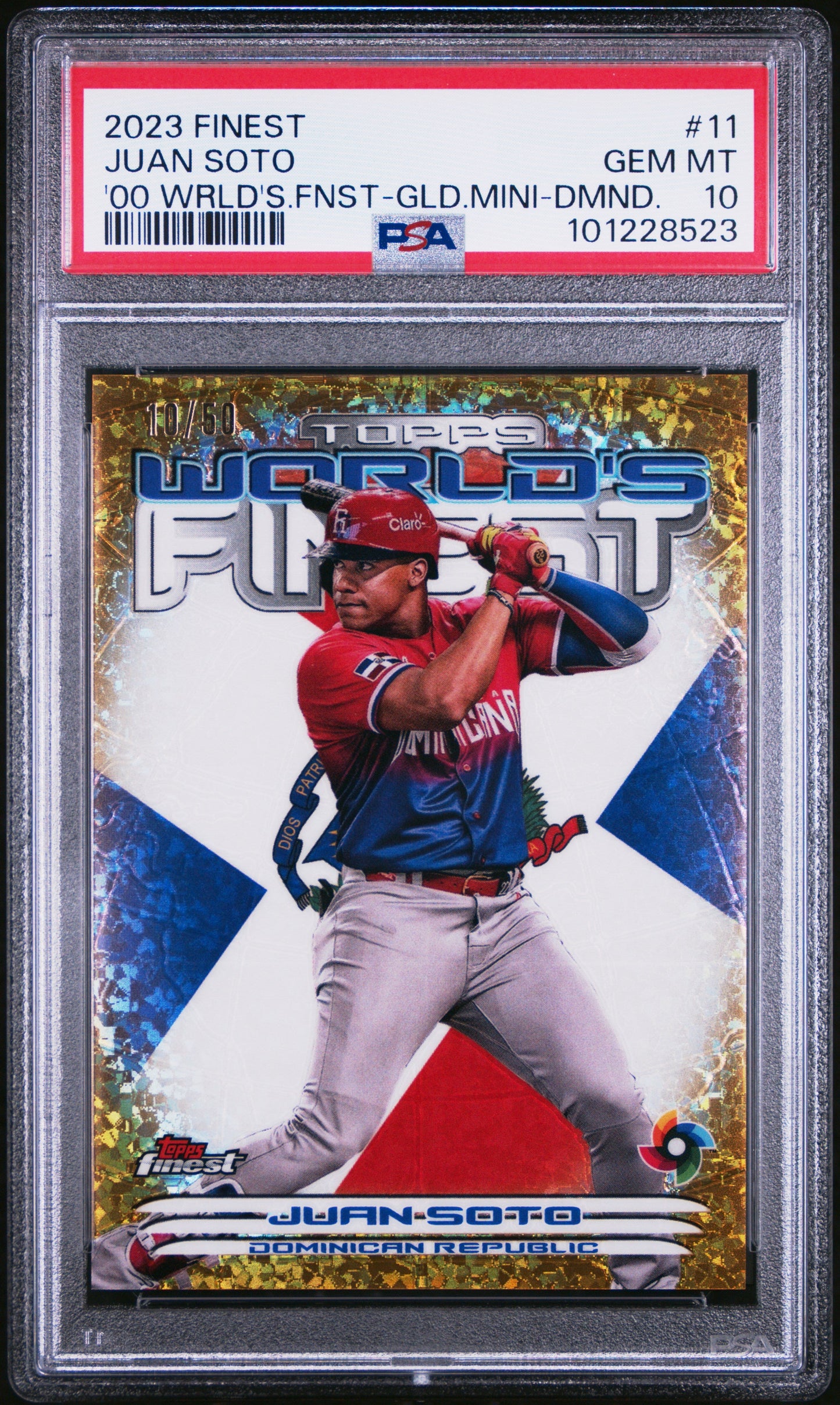 Graded 2023 Topps Finest Juan Soto #11 '00 Worlds Finest Gold Mini Diamond #/50 Baseball Card PSA 10 Gem Mint