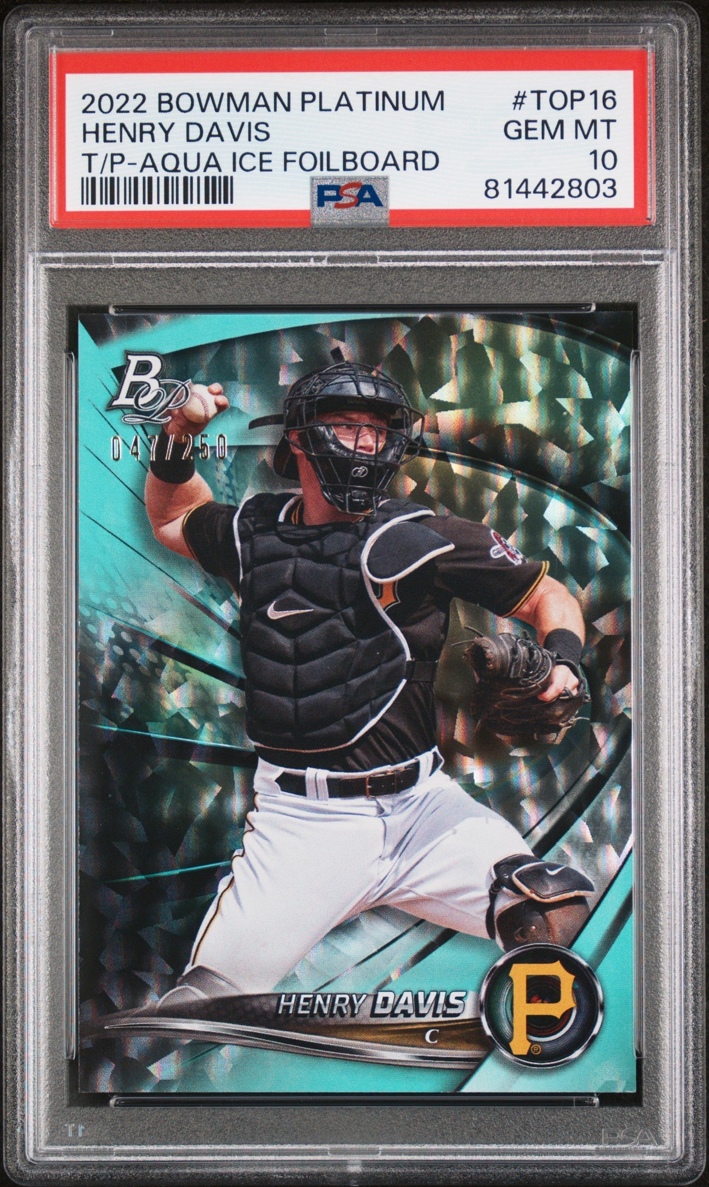 Graded 2022 Topps Bowman Platinum Henry Davis #TOP16 T/P Aqua Ice Foilboard #/250 Rookie RC Baseball Card PSA 10 Gem Mint