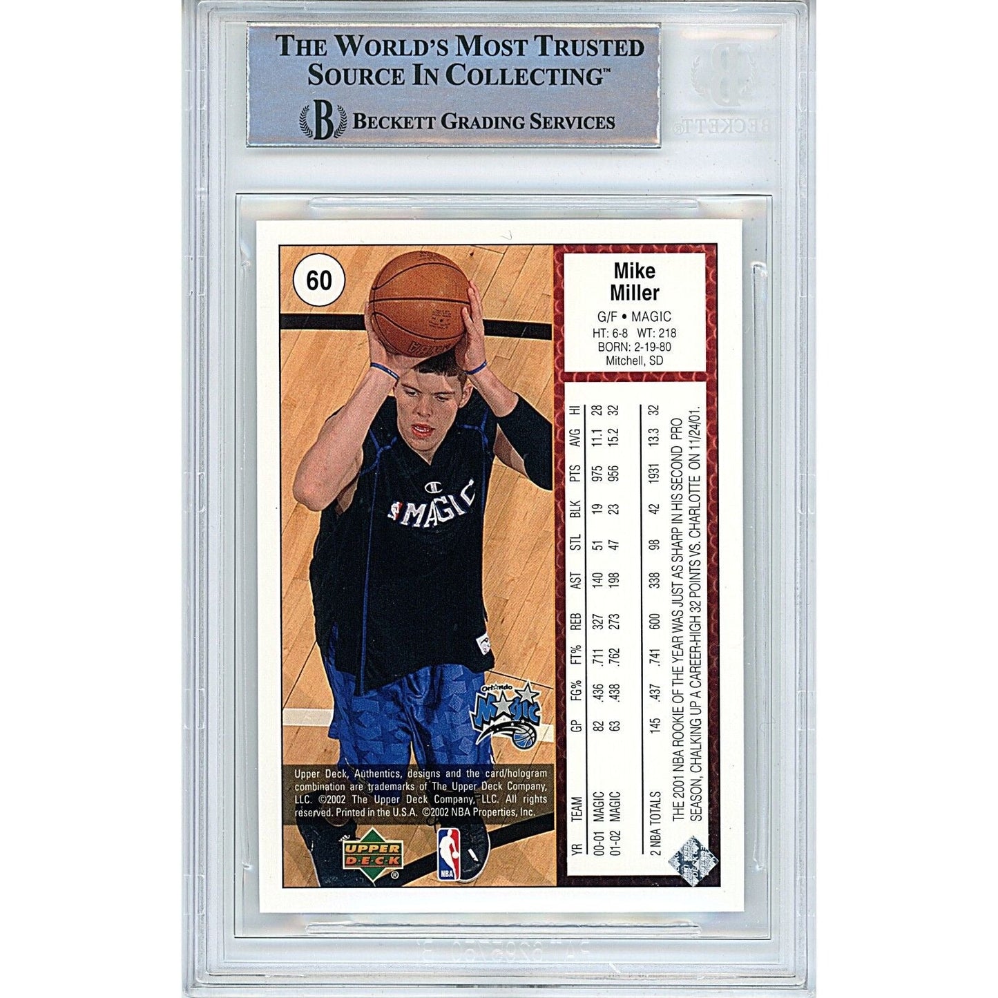 Mike Miller Orlando Magic Signed 2002 Upper Deck Basketball Card Beckett Auth Auto Slab