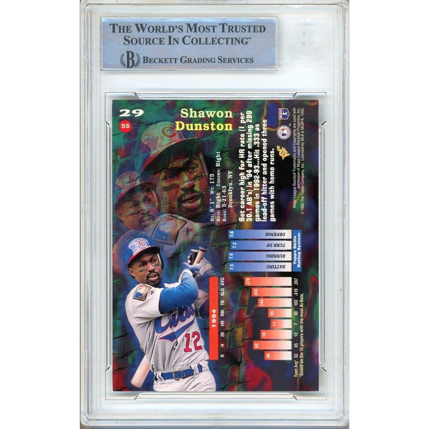 Shawon Dunston Chicago Cubs Signed 1995 Stadium Club Card Beckett Authentic Auto Slab