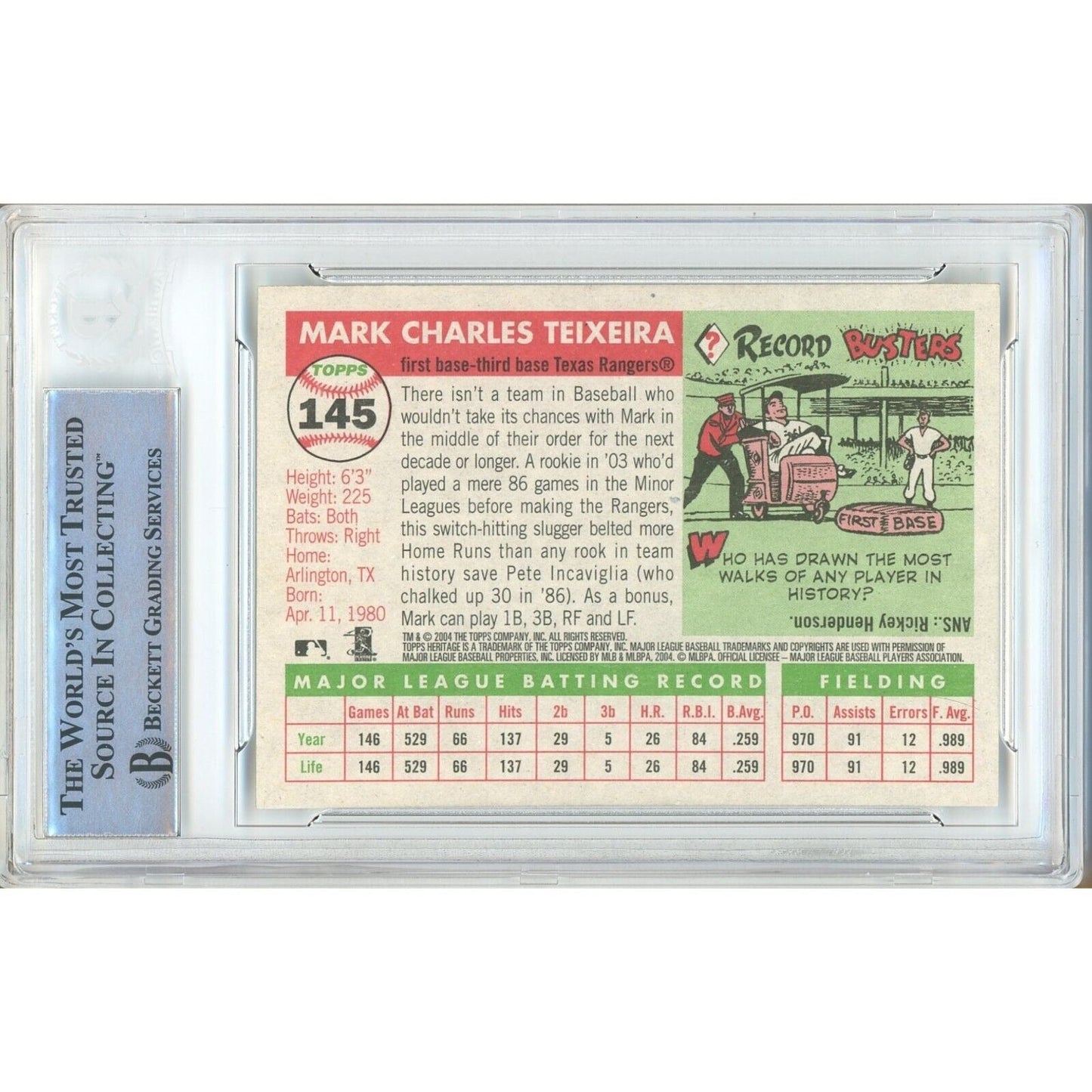 Mark Teixeira Texas Rangers Signed 2004 Topps Heritage Baseball Card BAS Auth Auto Slab