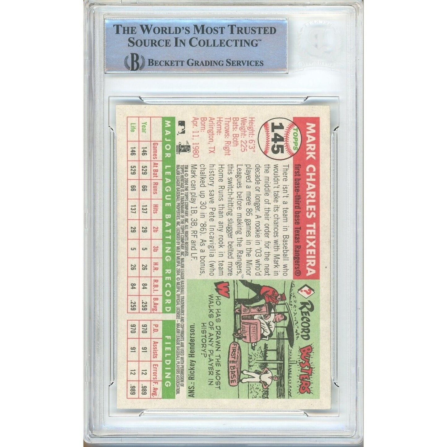 Mark Teixeira Texas Rangers Signed 2004 Topps Heritage Baseball Card BAS Auth Auto Slab
