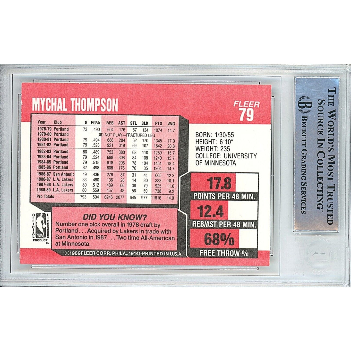 Mychal Thompson Los Angeles Lakers Signed 1989-90 Fleer Basketball Card BAS Auth Auto