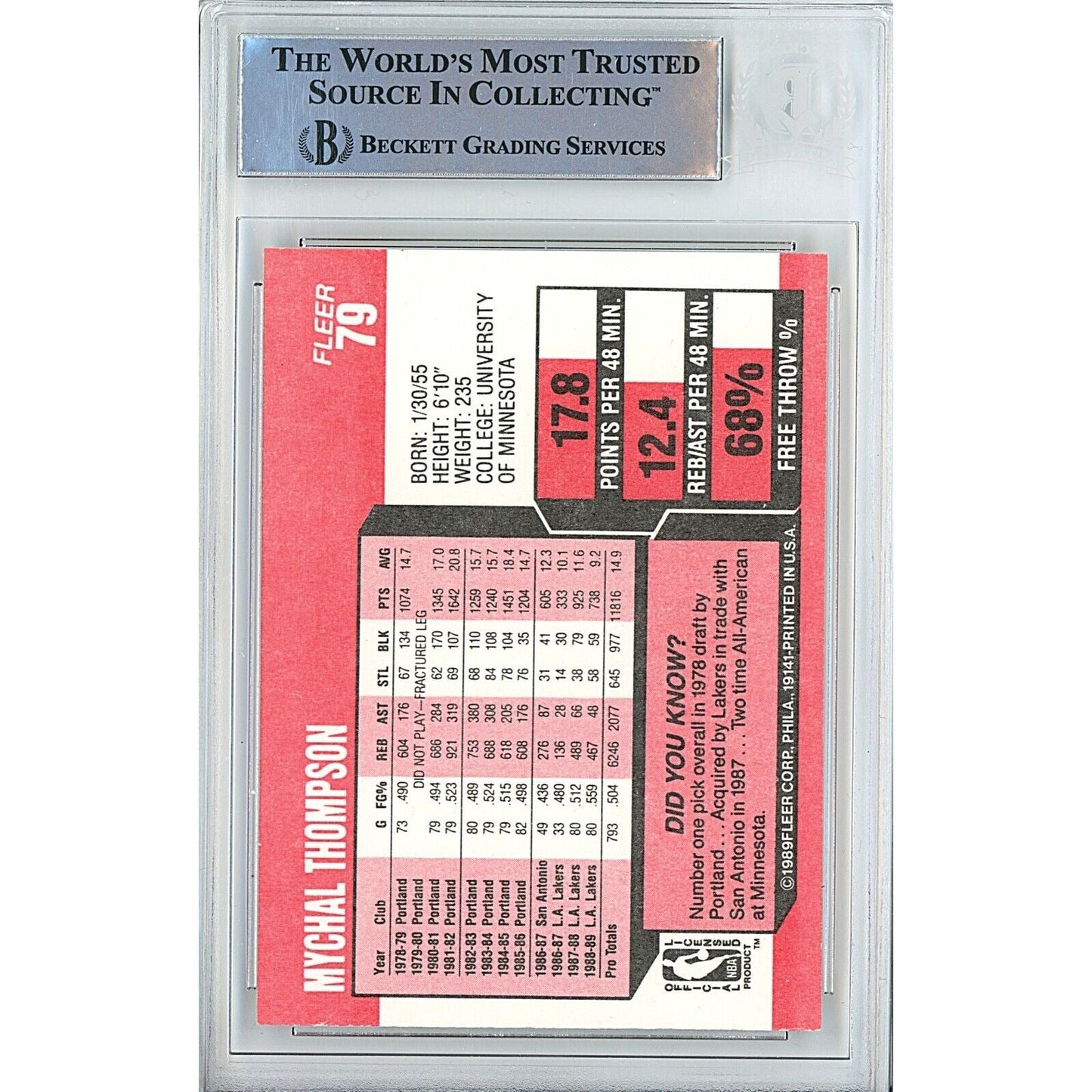 Mychal Thompson Los Angeles Lakers Signed 1989-90 Fleer Basketball Card BAS Auth Auto