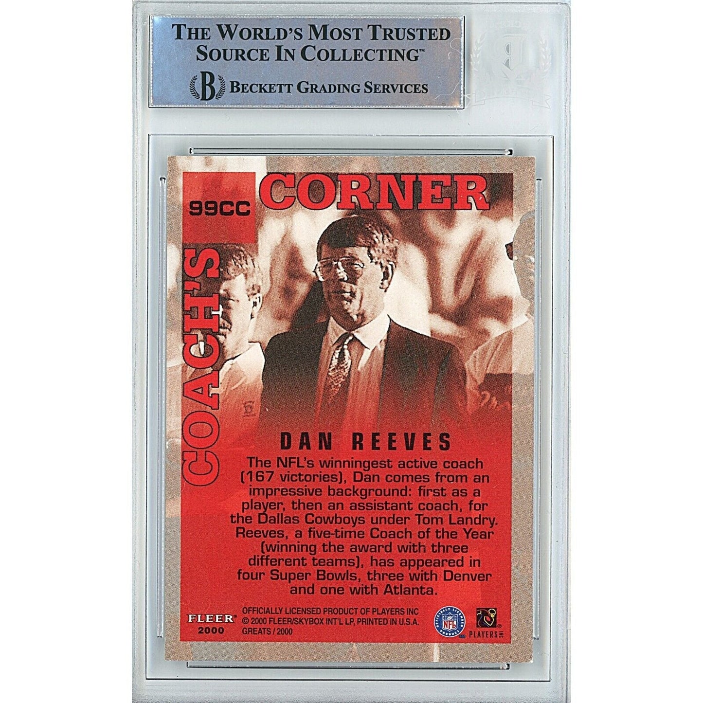 2000 Fleer Coaches Corner #99 — Dan Reeves Atlanta Falcons Autographed Trading Card — Beckett Authentication