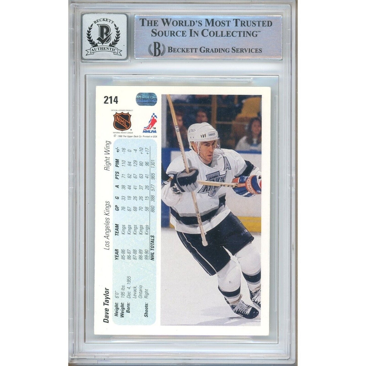 1990-91 Upper Deck #214 — Dave Taylor Los Angeles Kings Autographed Trading Card — Beckett Authentication