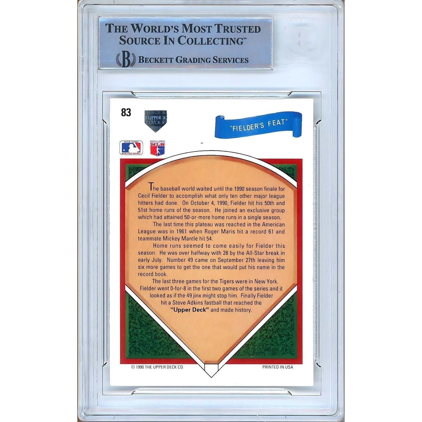 1991 Upper Deck #83— Cecil Fielder Detroit Tigers Autographed Trading Card — Beckett Authentication