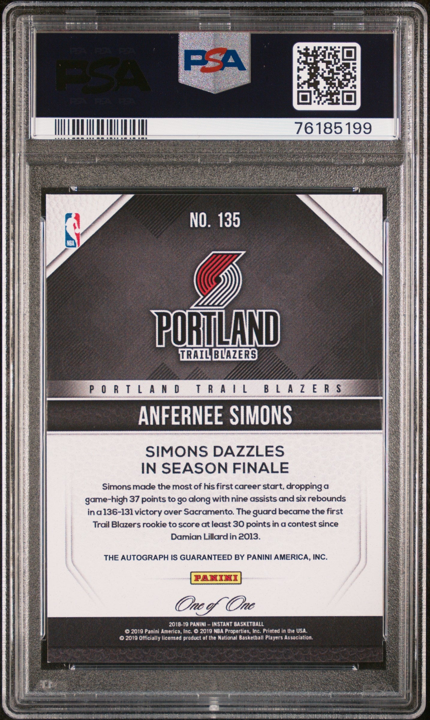 2018 Panini Instant #135 Anfernee Simons Autograph-Black 1/1 PSA 8 - Sport Cards