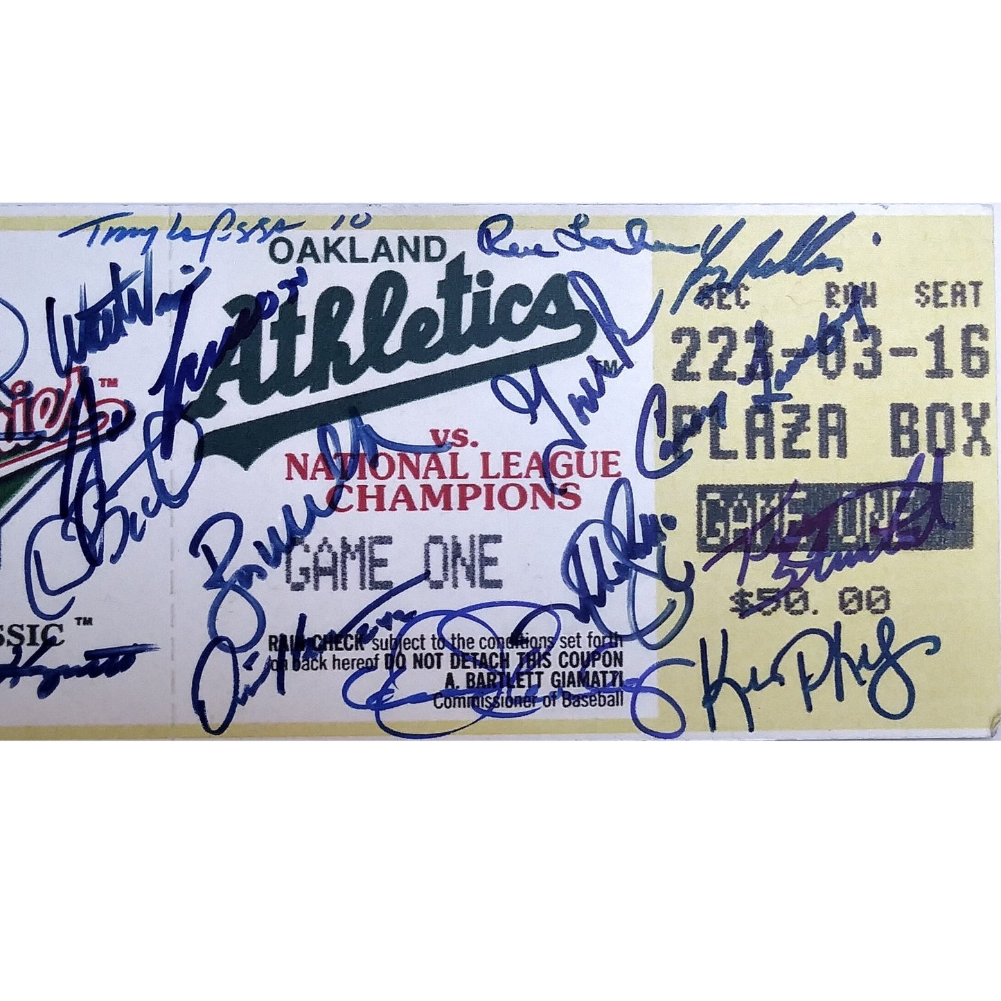 1989 Oakland Athletics Signed World Series Game 1 Mini Mega Ticket Beckett BAS