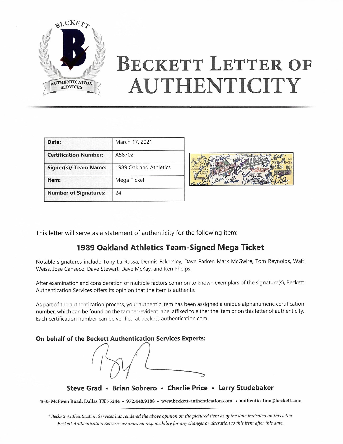 1989 Oakland Athletics Signed World Series Game 1 Mini Mega Ticket Beckett BAS