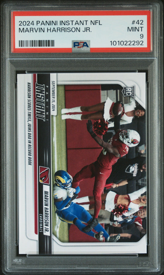 Graded 2024 Panini Instant NFL Marvin Harrison Jr #42 Rookie RC Football Card PSA 9 Mint