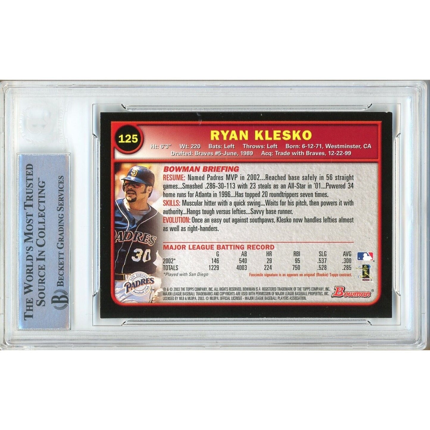 Ryan Klesko San Diego Padres Signed 2003 Bowman Baseball Card Beckett Authentic Auto