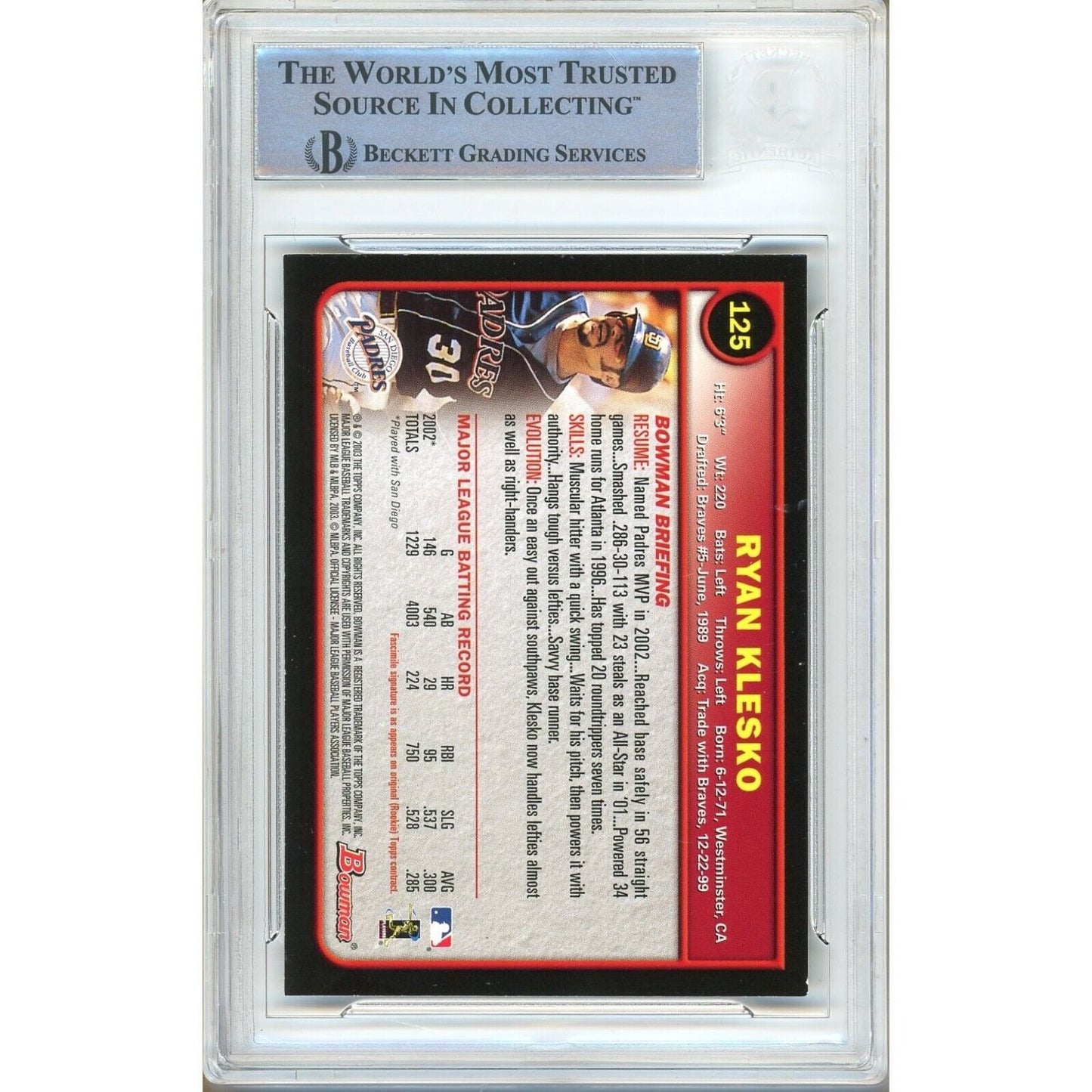 Ryan Klesko San Diego Padres Signed 2003 Bowman Baseball Card Beckett Authentic Auto