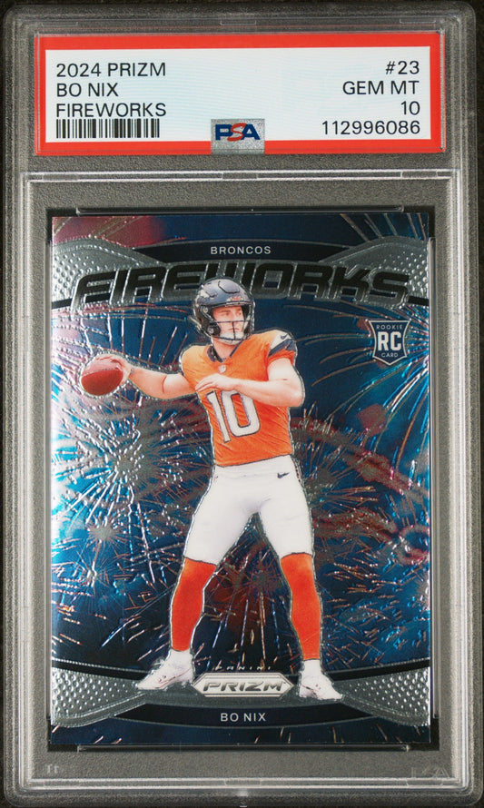 Graded 2024 Panini Prizm Bo Nix #23 Fireworks Rookie RC Football Card PSA 10 Gem Mint