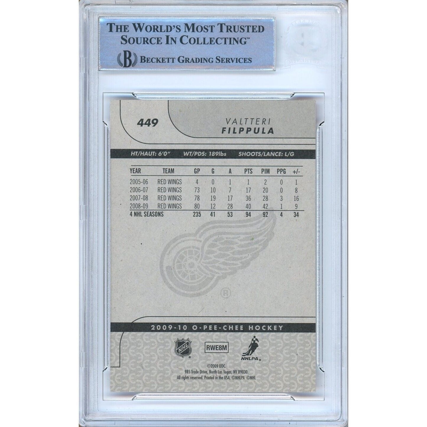 Valtteri Filppula Detroit Red Wings Signed 2009-10 O-Pee-Chee Card Beckett Auth Auto Slab