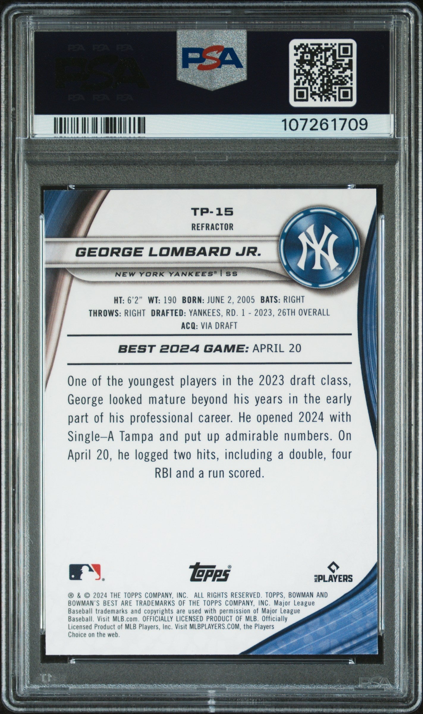 Graded 2024 Topps Bowmans Best George Lombard Jr #TP15 Top Prospects Refractor Rookie RC Baseball Card PSA 10 Gem Mint - Sport Cards