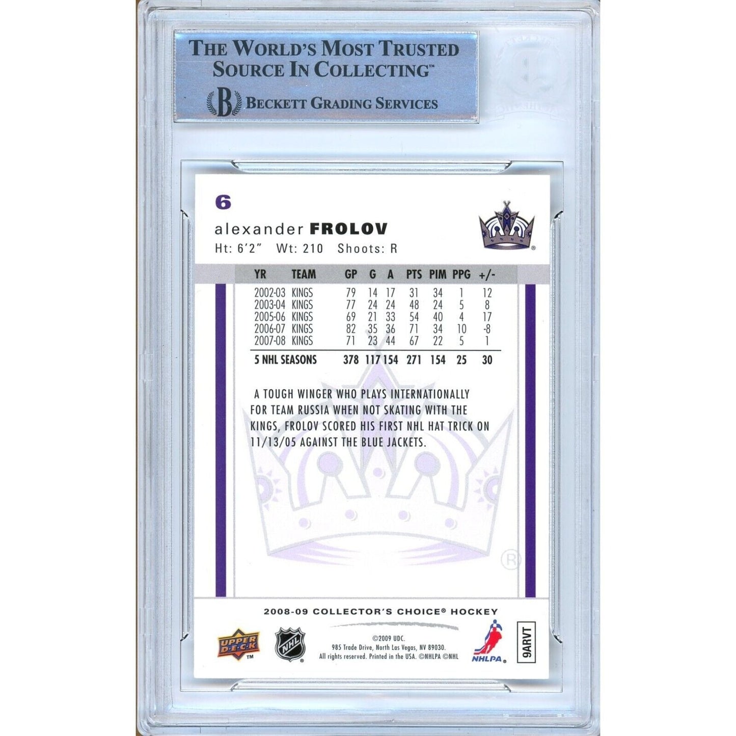 2008-09 UD Collectors Choice #6 — Alexander Frolov Los Angeles Kings Autographed Trading Card — Beckett Authentication
