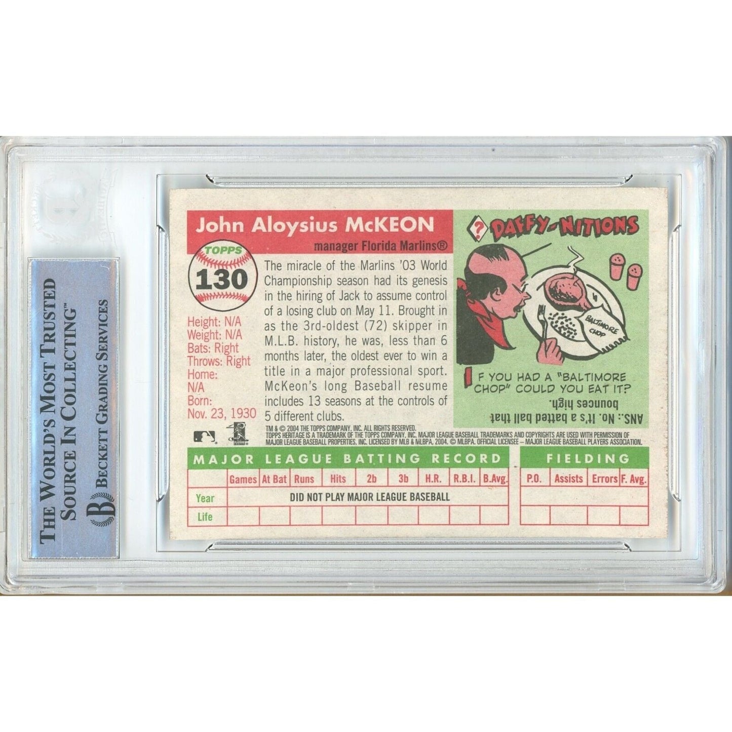 2004 Topps Heritage #130 — Jack McKeon Miami Marlins Autographed Trading Card — Beckett Authentication