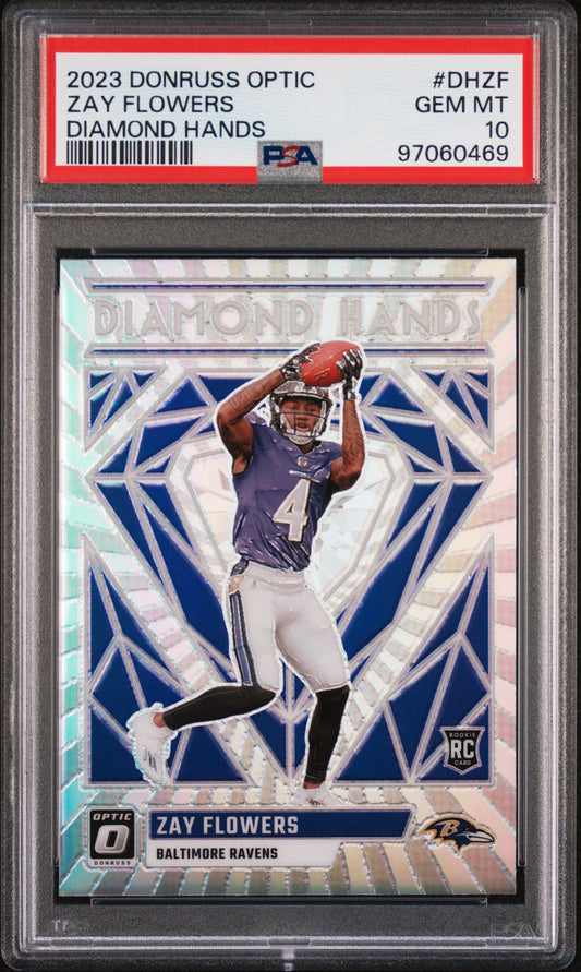 Graded 2023 Panini Donruss Optic Zay Flowers #DHZF Diamond Hands Rookie RC Football Card PSA 10 Gem Mint - Sport Cards