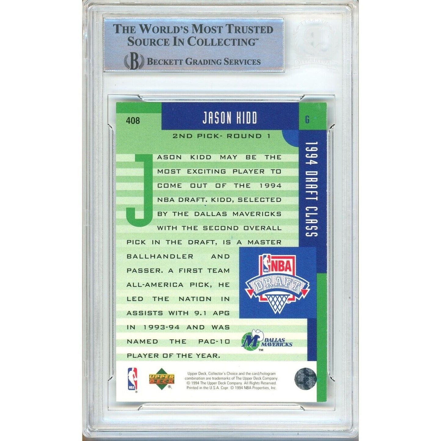 1994-95 UD Collectors Choice #408 — Jason Kidd Dallas Mavericks Autographed Trading Card — Beckett Authentication