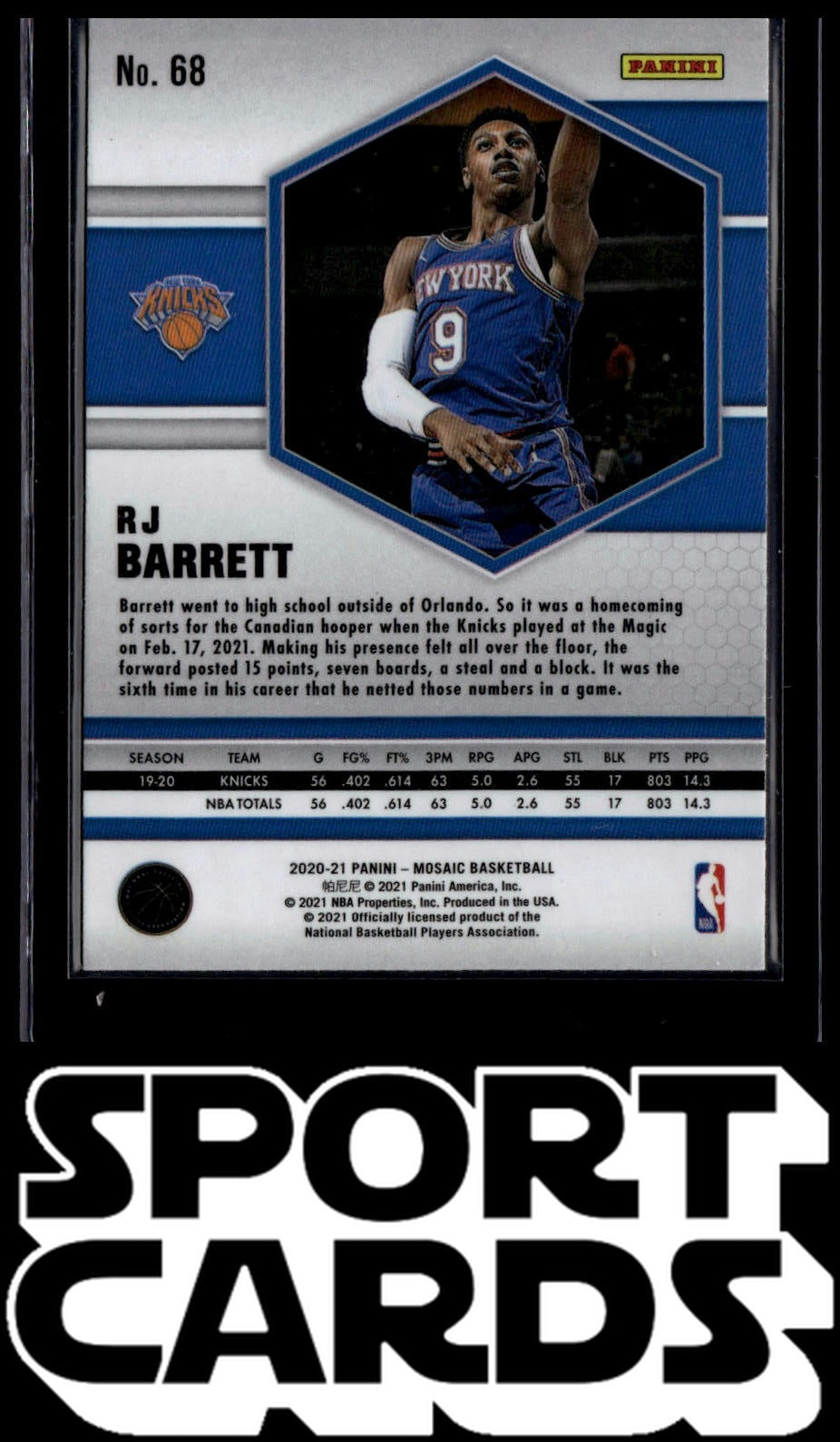 2020-21 Panini Mosaic #68 RJ Barrett SportCards.com