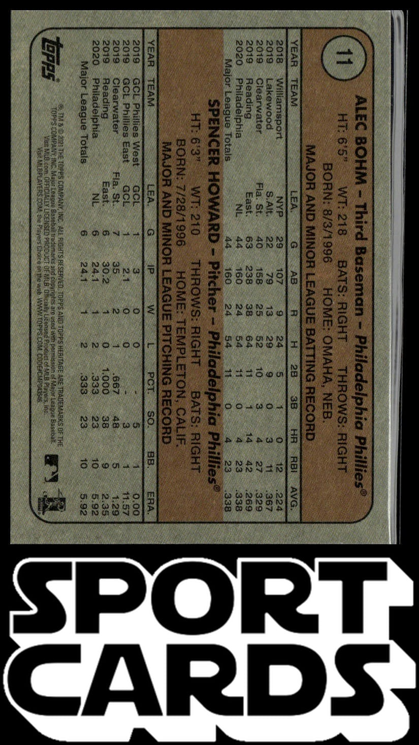 2021 Topps Heritage #11 Phillies 2021 Rookie Stars (Alec Bohm / Spencer Howard)