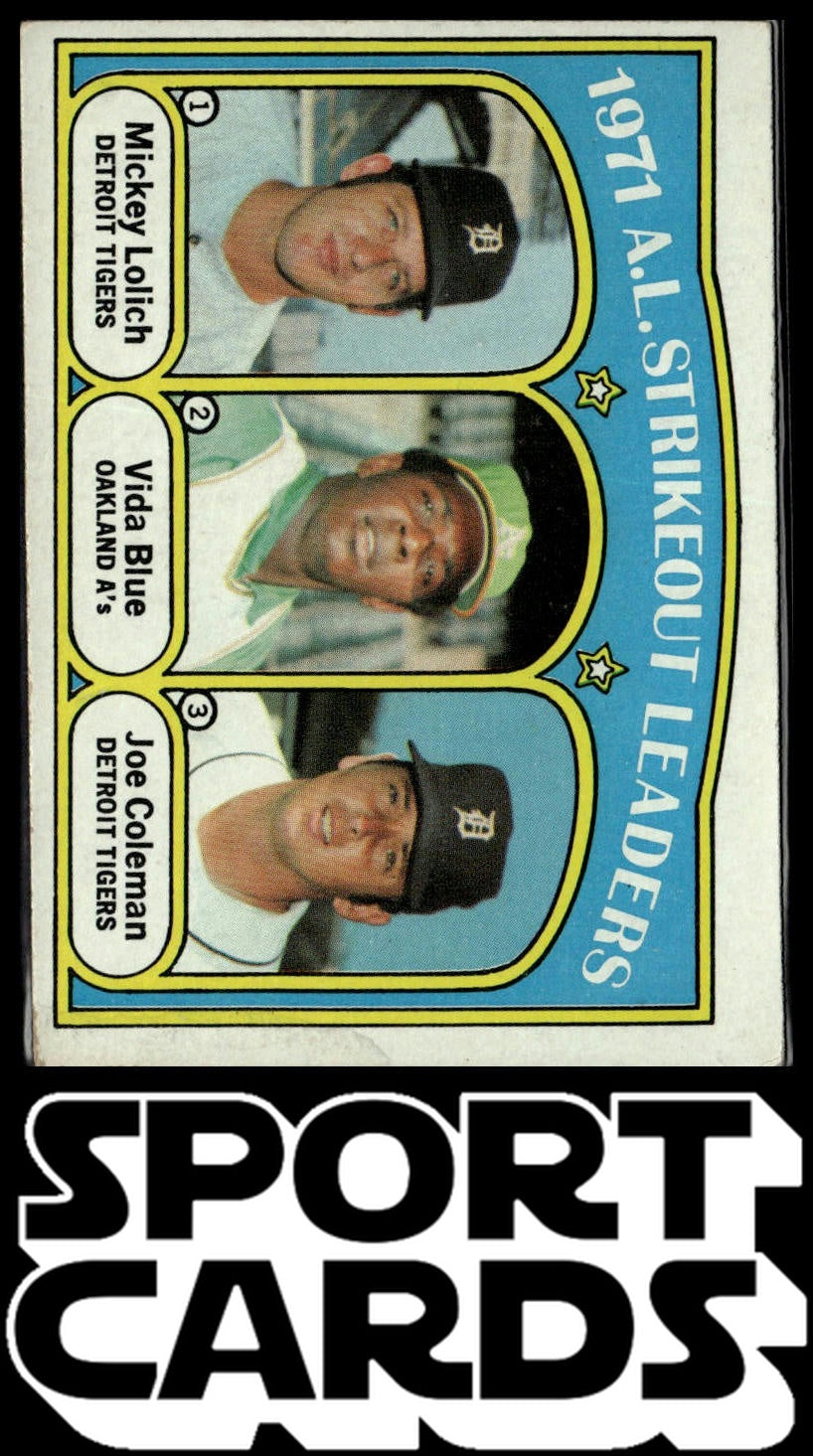 1972 Topps #96 A.L. Strikeout Leaders (Mickey Lolich / Vida Blue / Joe Coleman)