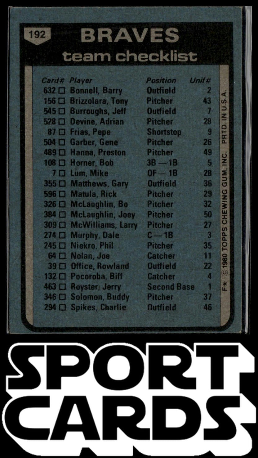 1980 Topps #192 Atlanta Braves / Bobby Cox SportCards.com
