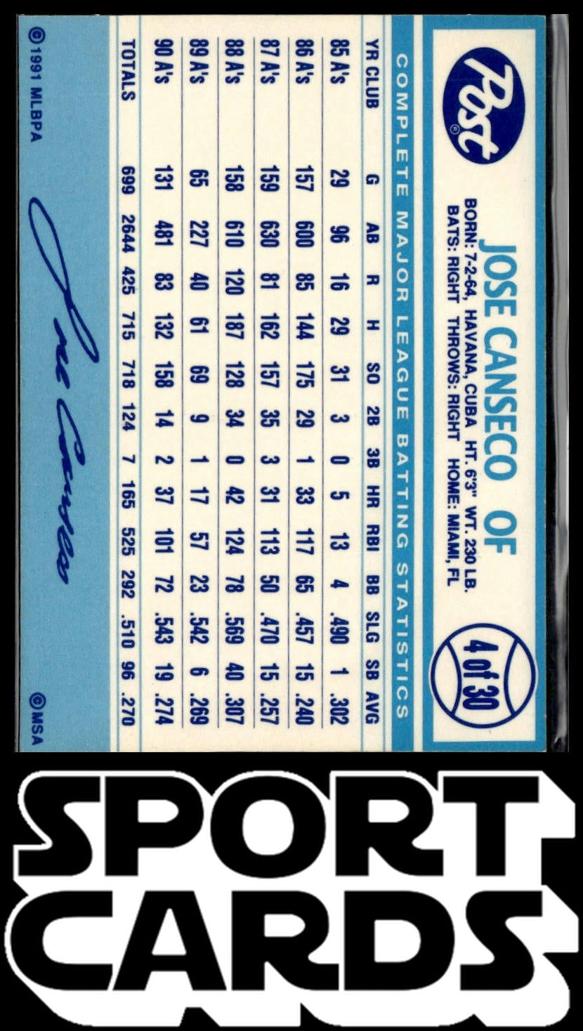 1991 Post Cereal #4 Jose Canseco SportCards.com