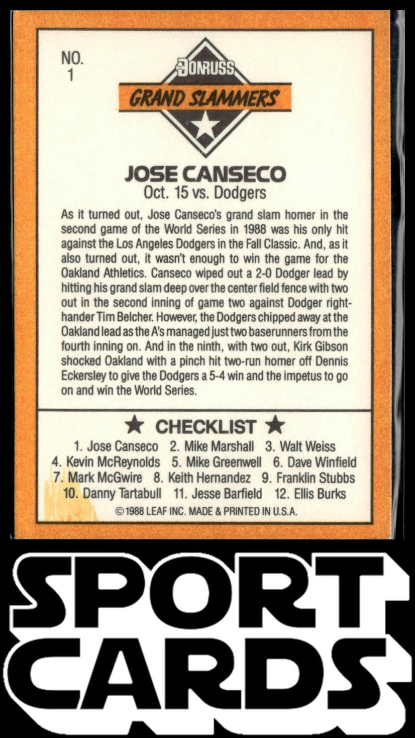 1989 Donruss #1 Jose Canseco Grand Slammers SportCards.com