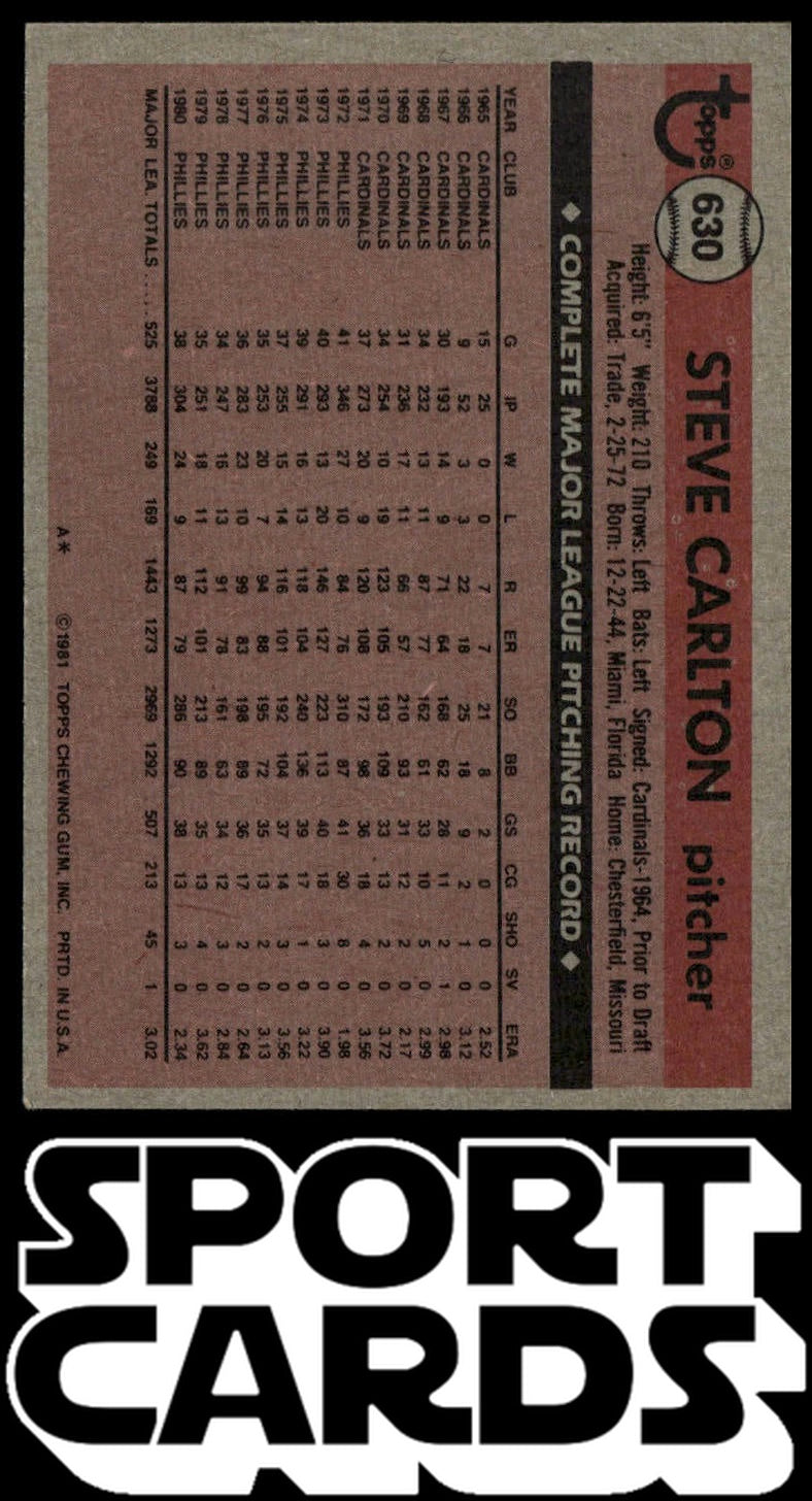 1981 Topps #630 Steve Carlton SportCards.com