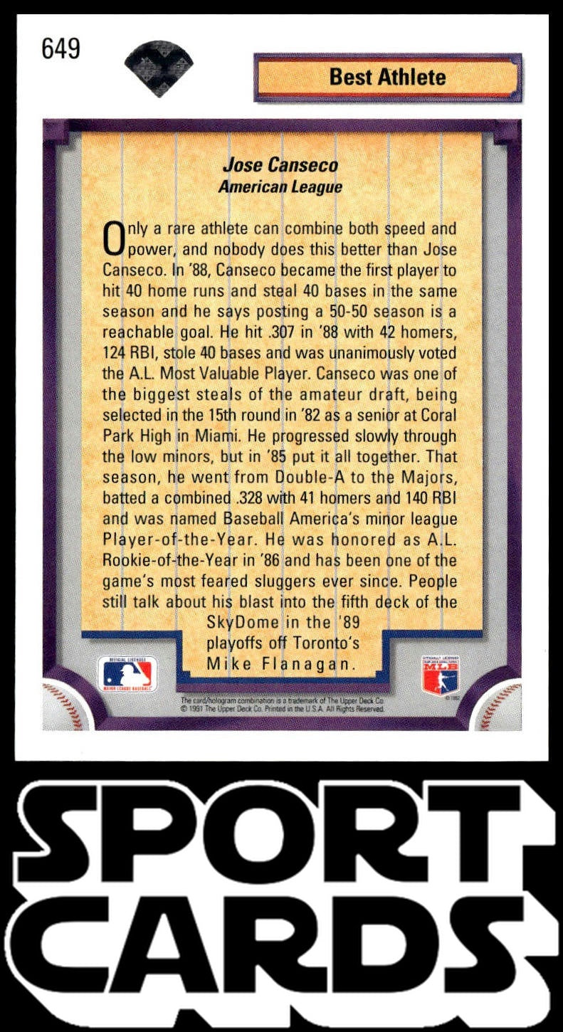 1992 Upper Deck #649 Jose Canseco Factory Set Gold Hologram SportCards.com