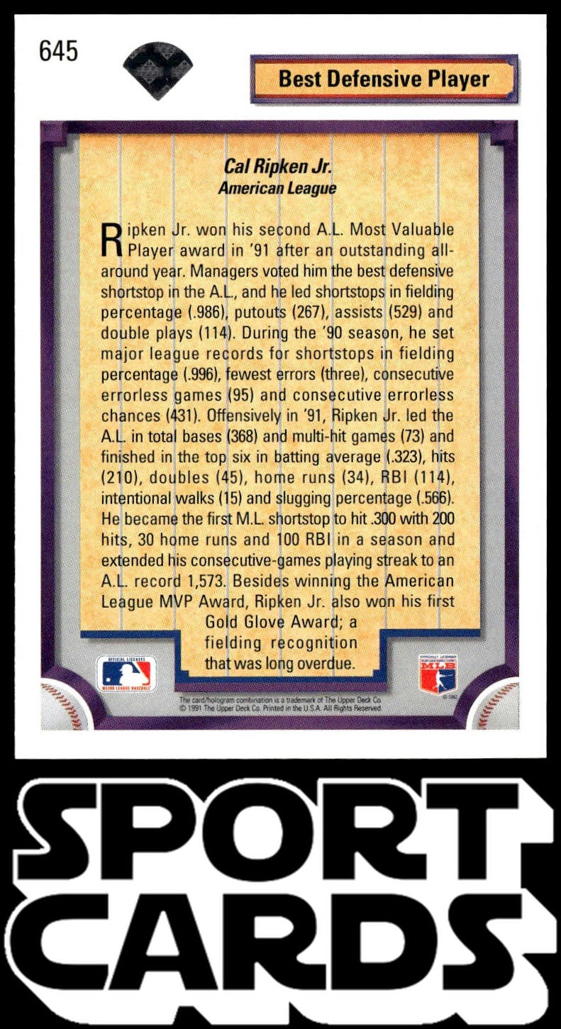 1992 Upper Deck #645 Cal Ripken Jr. Factory Set Gold Hologram SportCards.com