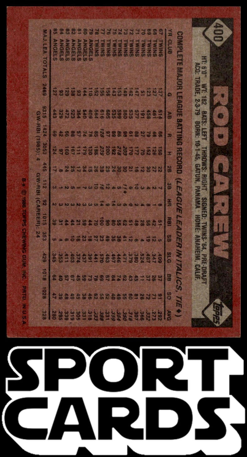 1986 Topps #400 Rod Carew SportCards.com