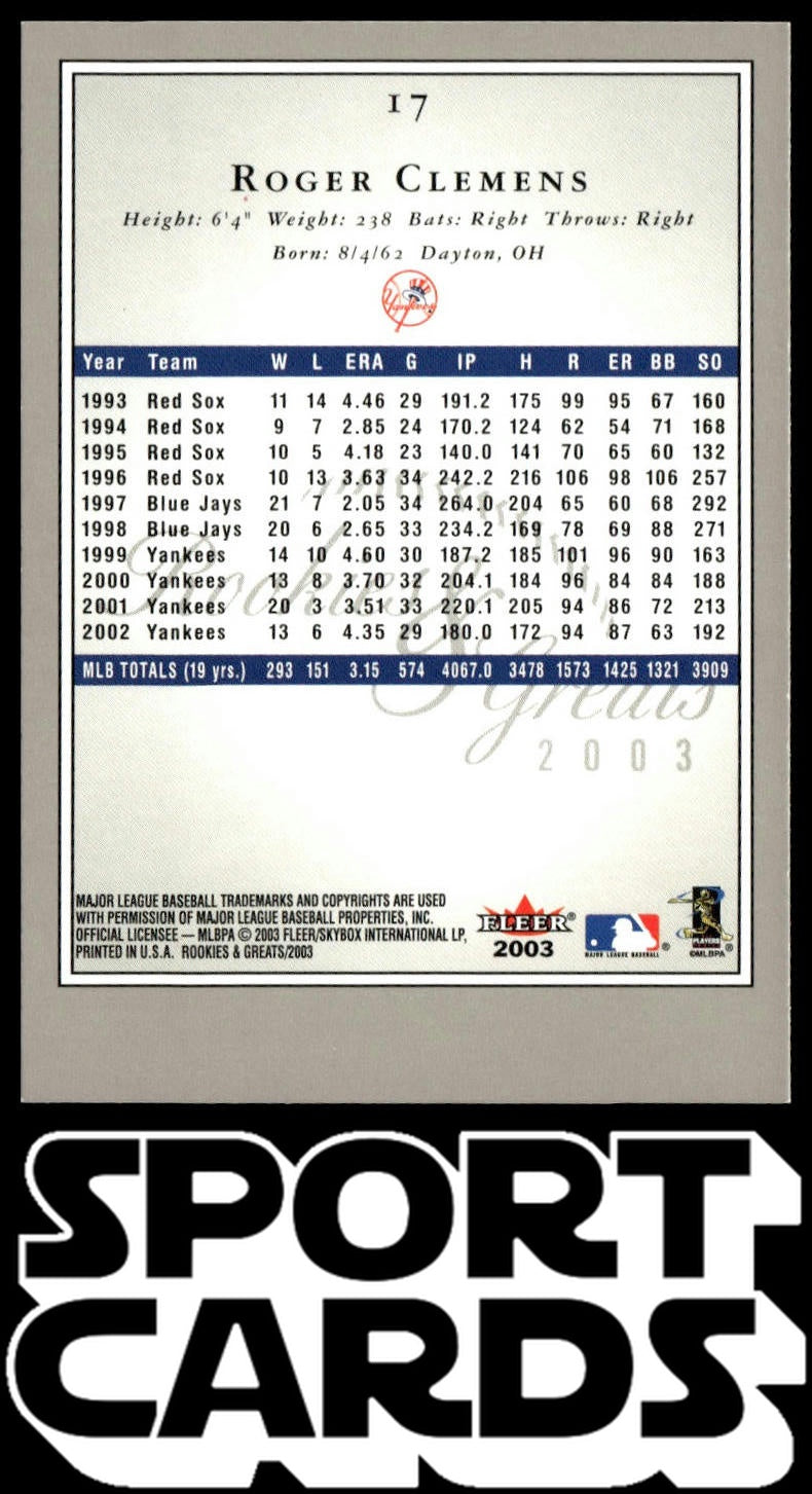 2003 Fleer Rookies & Greats #17 Roger Clemens Blue #/250 SportCards.com