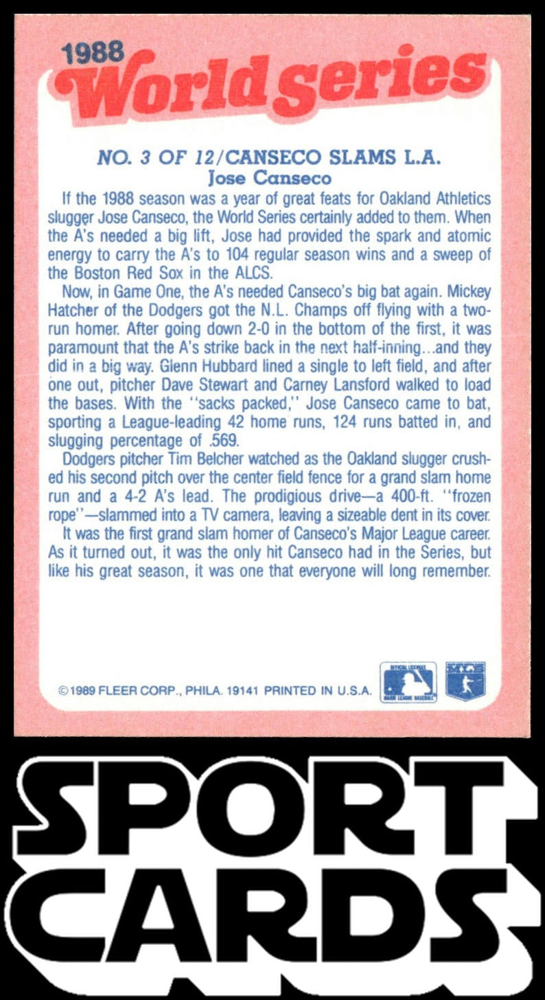 1989 Fleer #3 Canseco Slams L.A. World Series SportCards.com