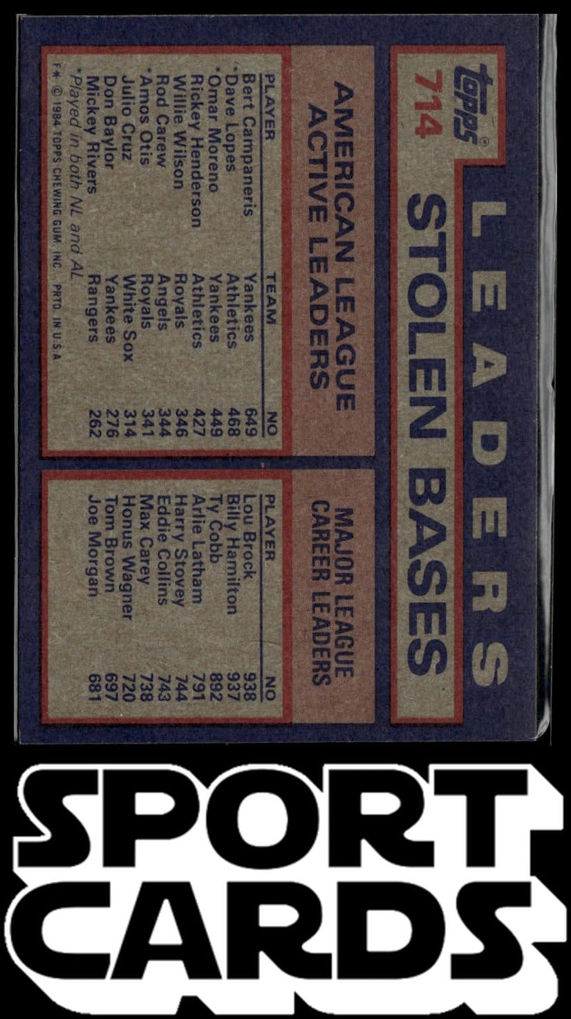 1984 Topps #714 AL Stolen Bases (Bert Campaneris / Dave Lopes / Omar Moreno)