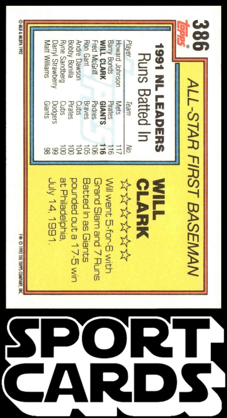 1992 Topps #386 Will Clark SportCards.com
