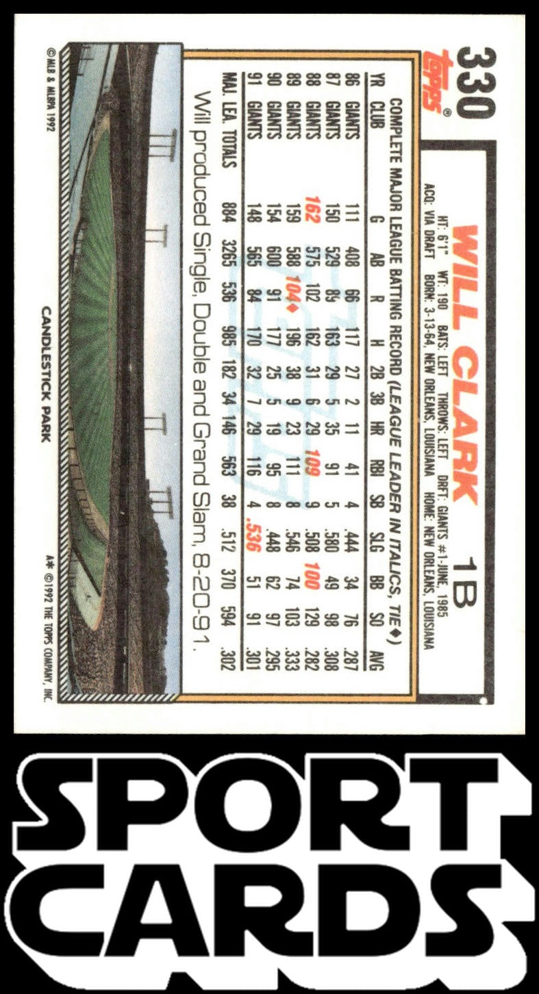 1992 Topps #330 Will Clark SportCards.com
