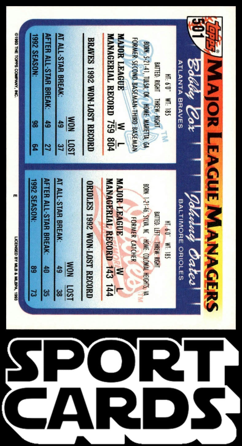 1993 Topps #501 Johnny Oates / Bobby Cox Gold SportCards.com