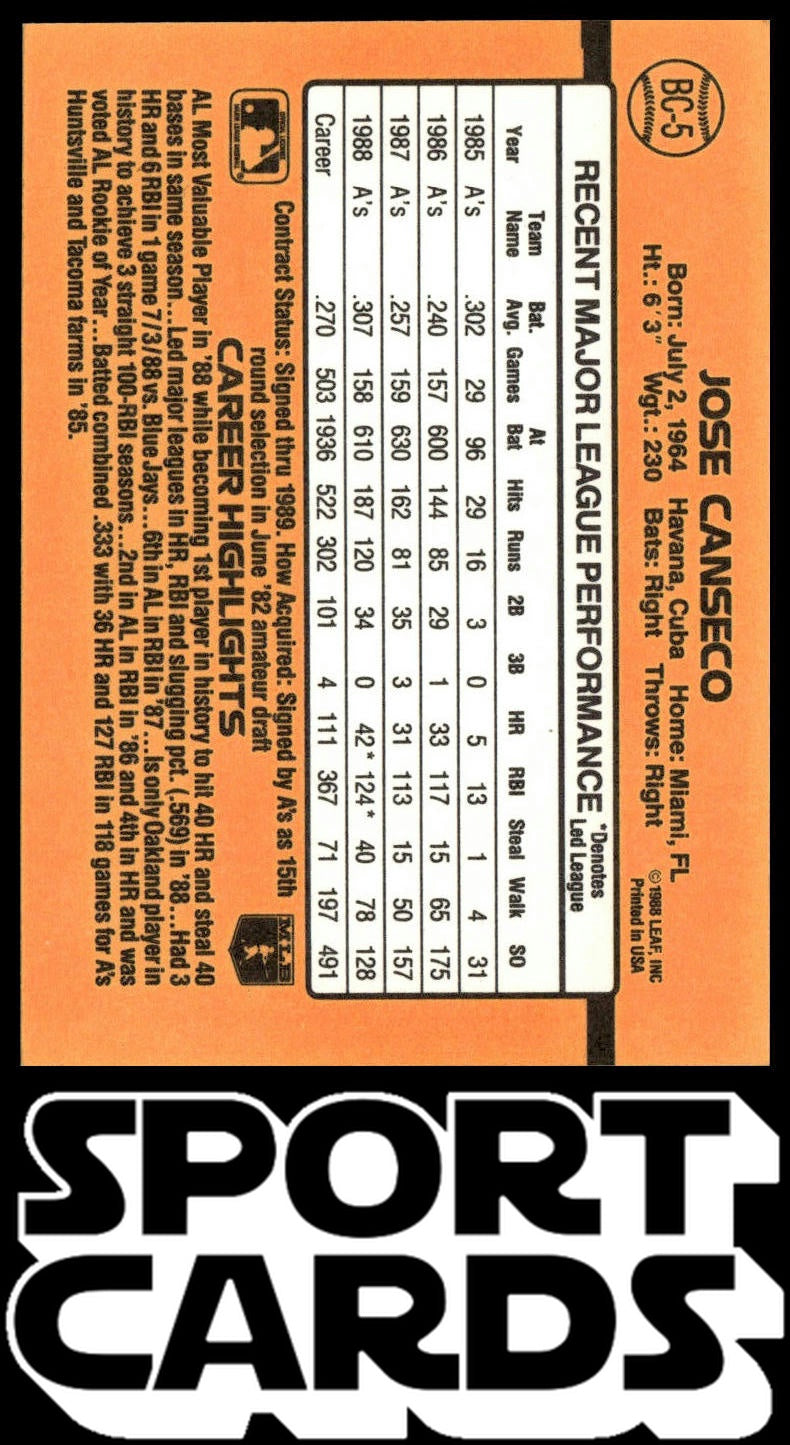 1989 Donruss #BC-5d Jose Canseco Bonus MVP's "© 1988 LEAF, INC