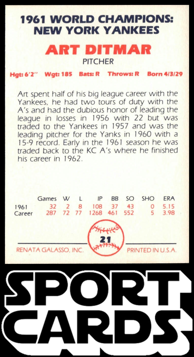 1982 Galasso 1961 World Champions New York Yankees #21 Art Ditmar SportCards.com