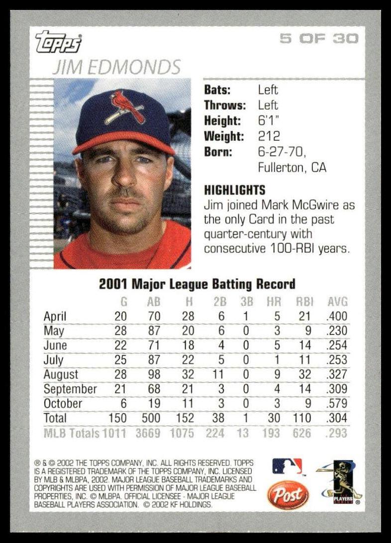 2002 Topps Post Cereal #5 Jim Edmonds SportCards.com