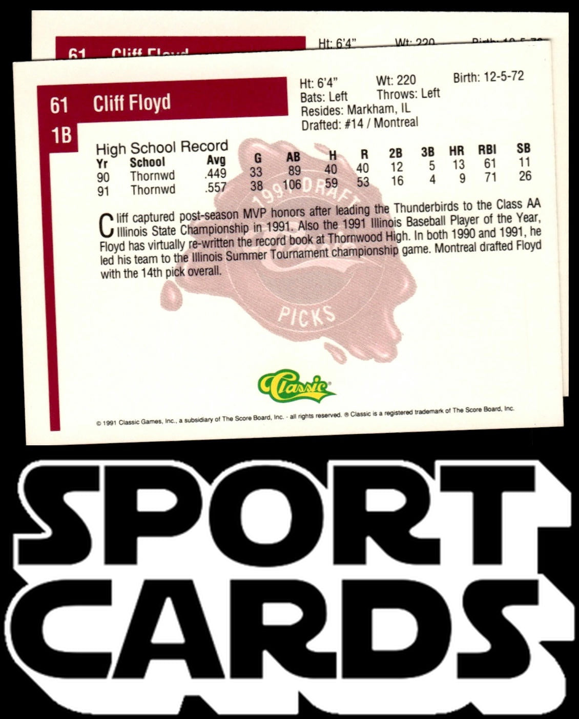 1991 Classic Four Sport #61 Cliff Floyd SportCards.com
