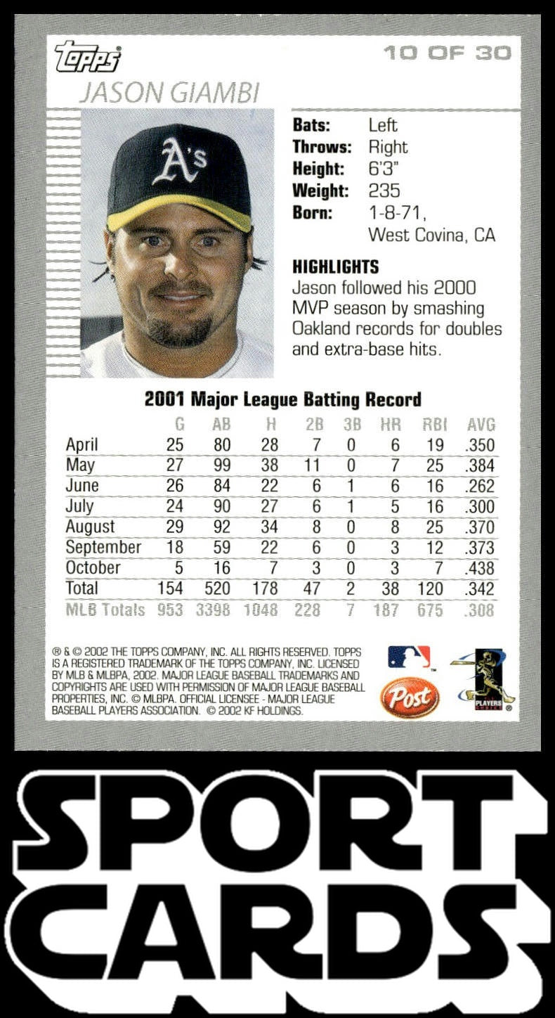 2002 Topps Post Cereal #10 Jason Giambi SportCards.com
