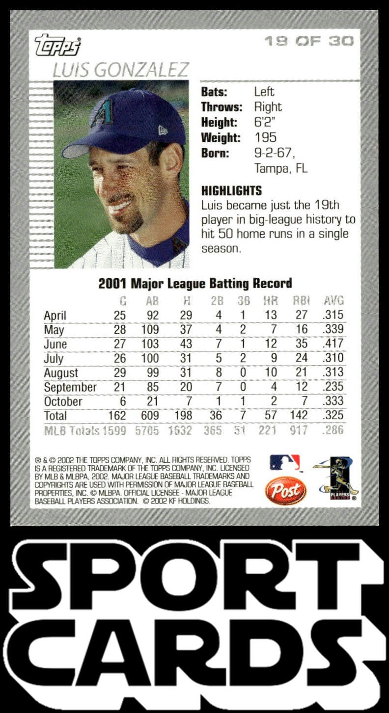 2002 Topps Post Cereal #19 Luis Gonzalez SportCards.com