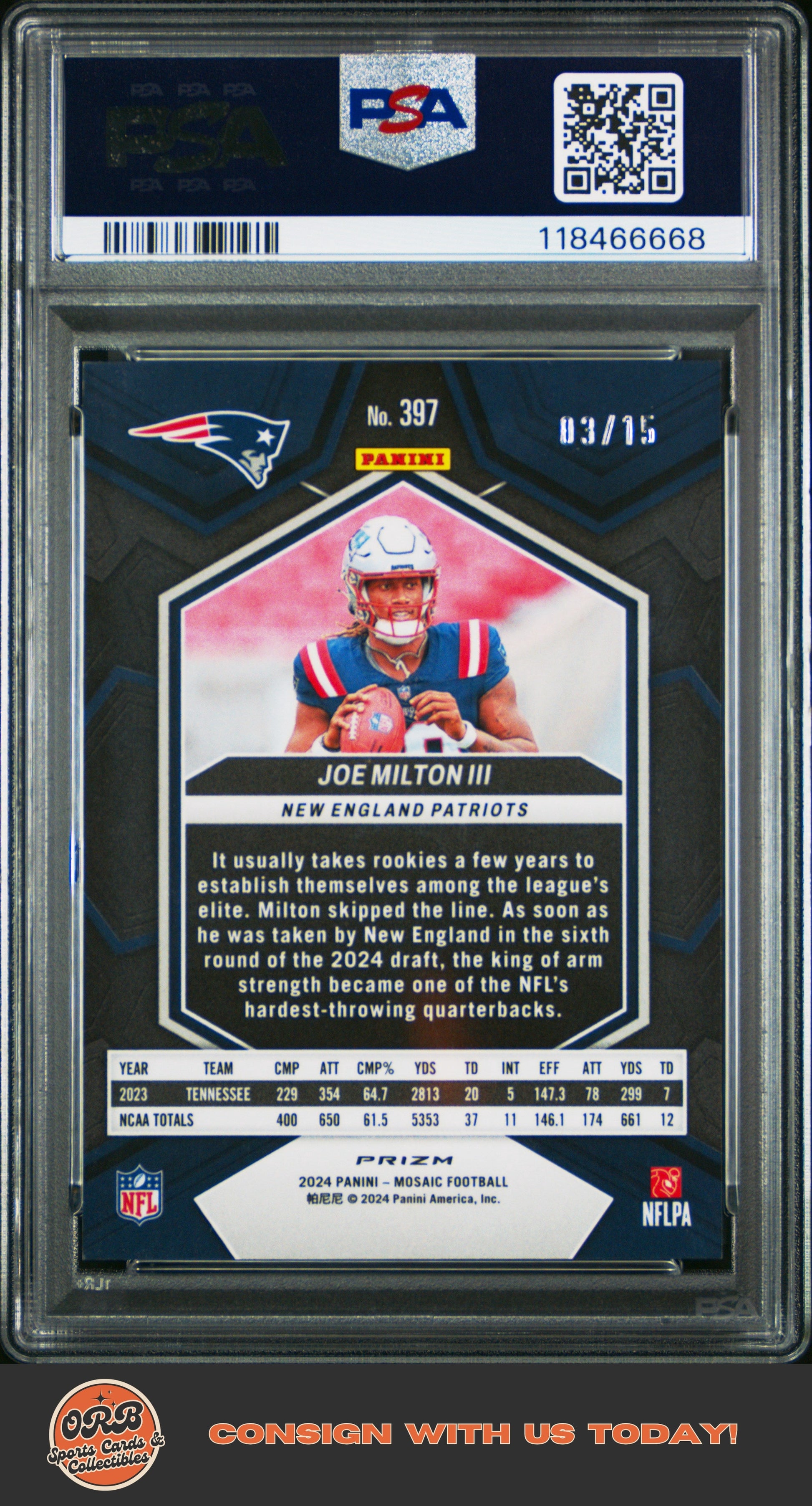 Joe Milton Iii 2024 Panini Mosaic #397 Blue Fluorescent PSA 9 #/15 - Sport Cards